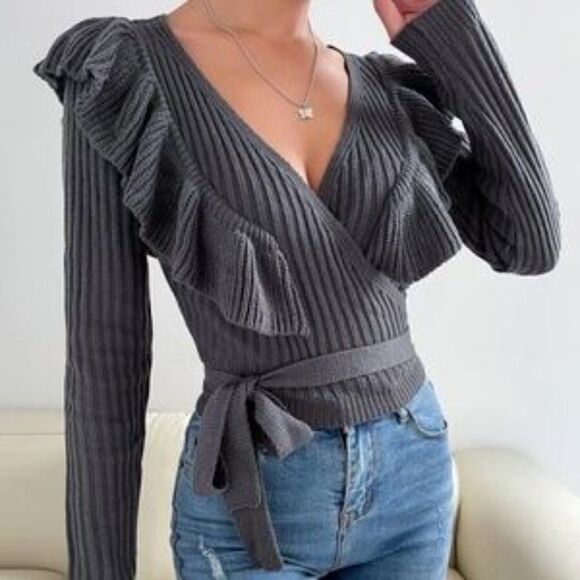 New Cozy Ruffle Ribbed Cropped Sweater Top - Picture 6 of 8